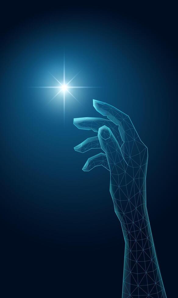Futuristic wireframe hand, with glowing light. vector