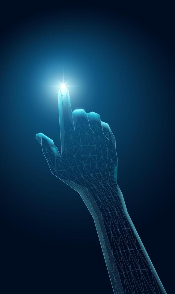 Futuristic wireframe hand, with glowing light. AI, technology, or connection concept. vector