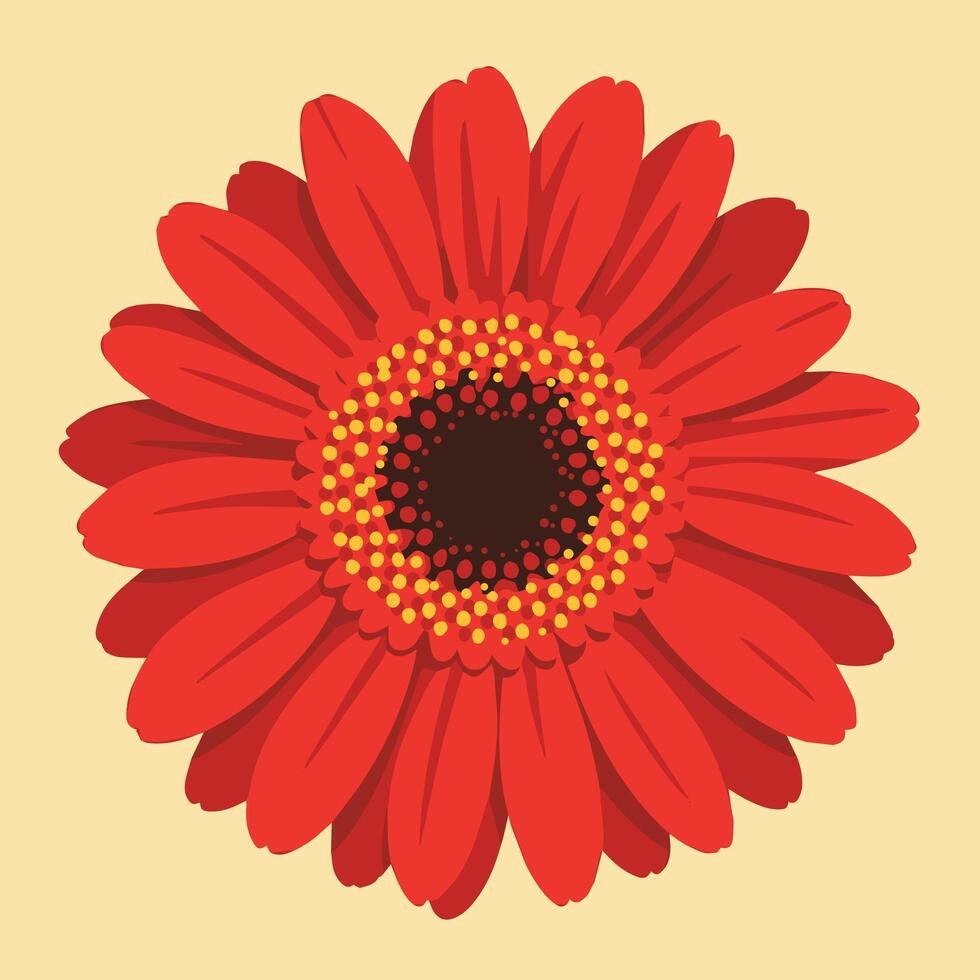 A single red Gerbera flower depicted on a light yellow background. vector
