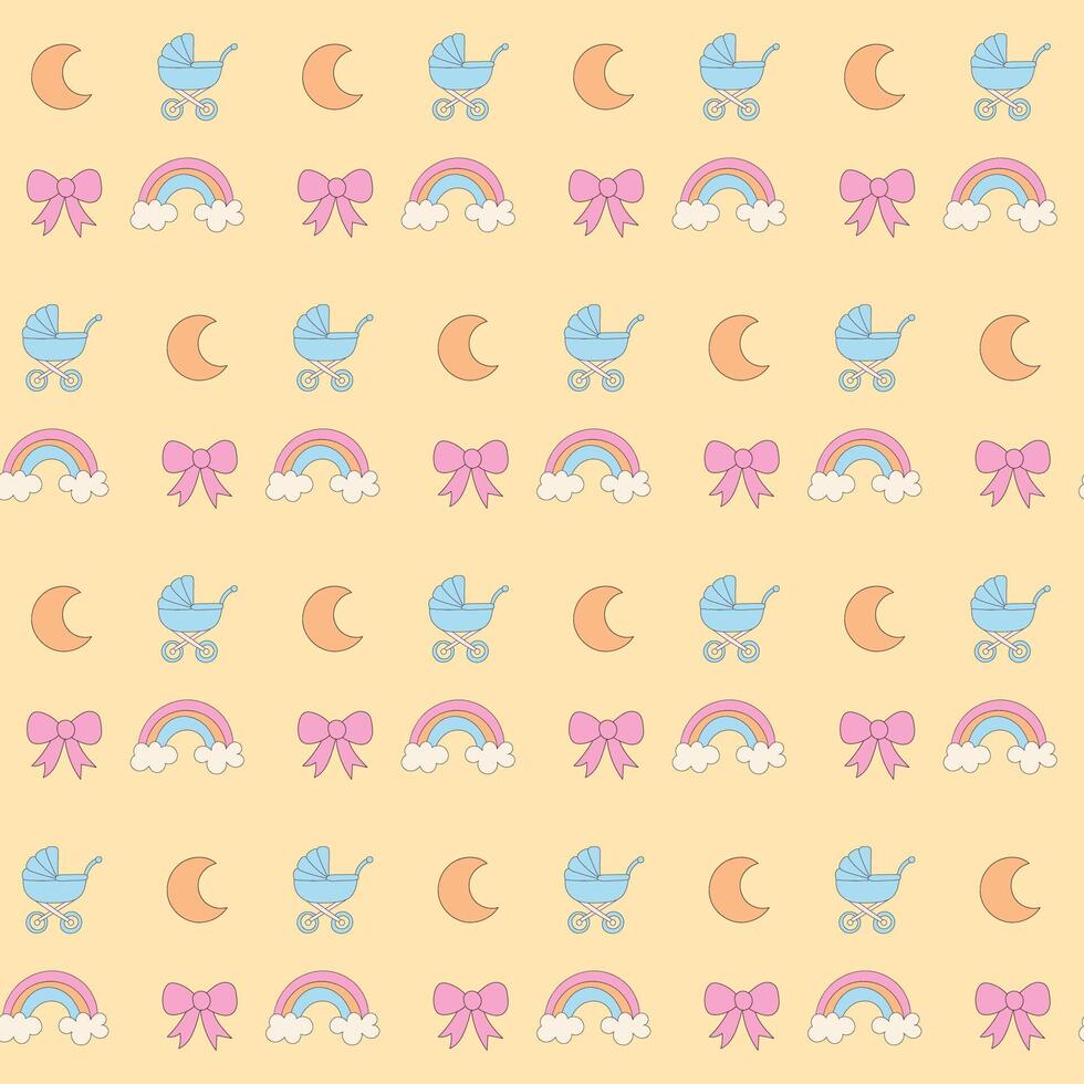 Cute Fun Baby Clothing Rainbow Bow Moon Textile Seamless Swatch Background. Hand Drawn Doodle Infant Fabric Pattern. Cute Kawaii Whimsical Wrapping, Wallpaper Nursery Art. Vintage Elegant Retro Style vector