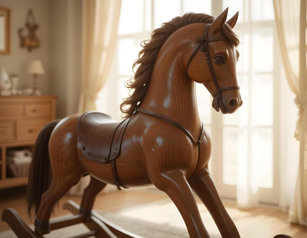 Wooden Rocking Horse Toy in Bright Room Decoration photo