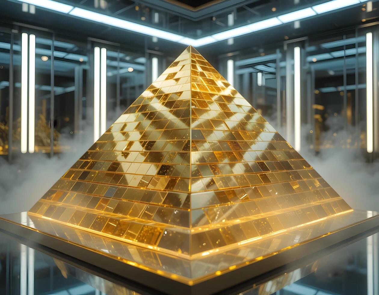 Golden Pyramid Displayed in a Modern, Futuristic Setting photo