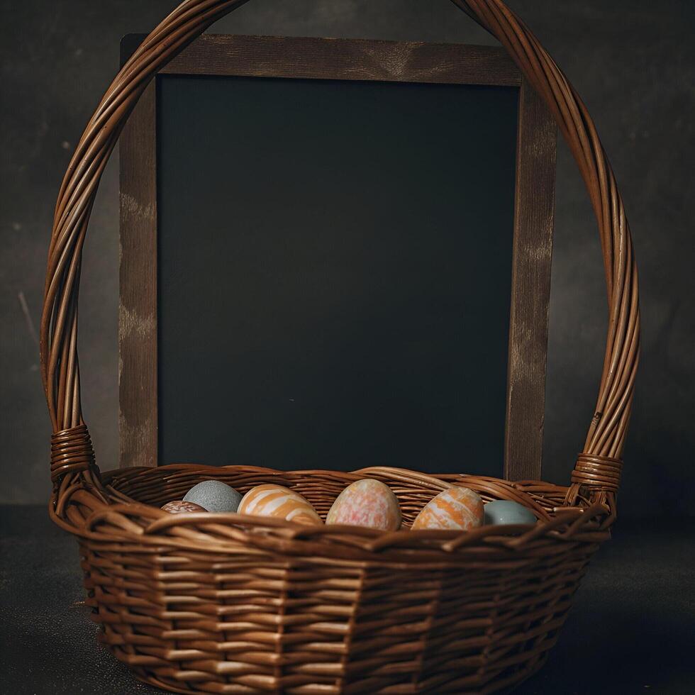 Basket of Decorated Eggs with Chalkboard Background photo