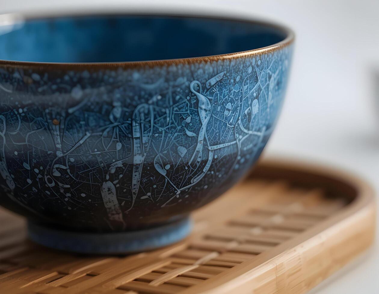 Ceramic Bowl Displayed on Wooden Tray with Artistic Pattern photo