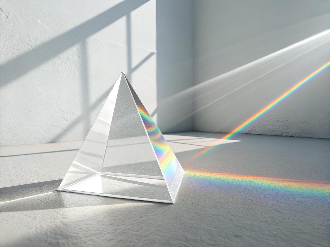 Glass Pyramid Refracting Light Creating Rainbow Colors on Wall photo