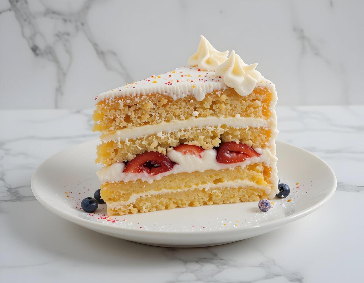 Serving Slice of Layer Cake with Strawberries and Cream photo