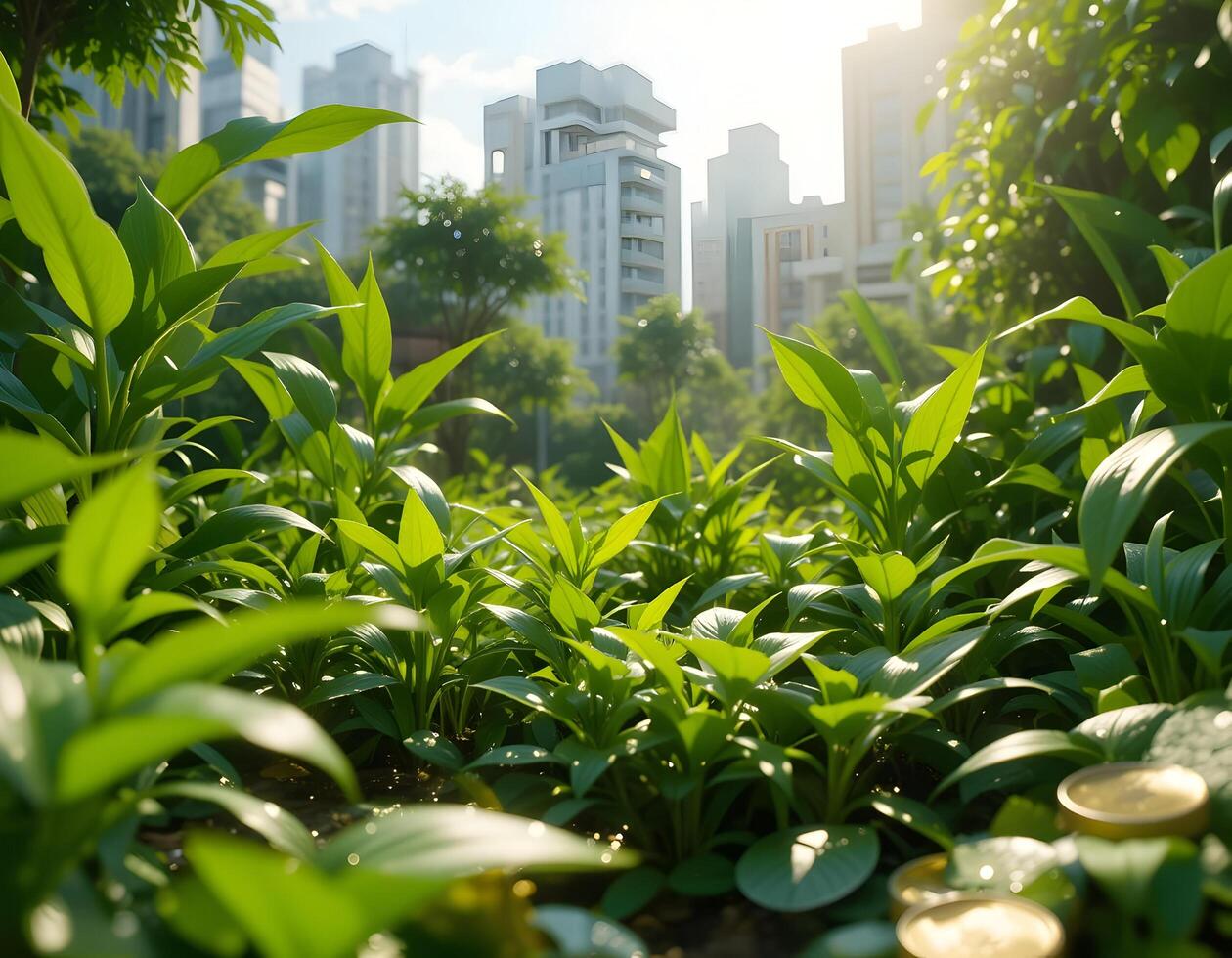 Growing Greens in Urban Garden with City Buildings in Background photo