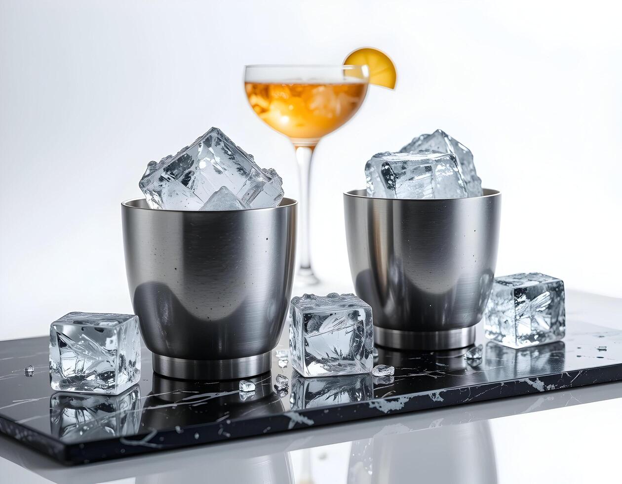 Preparing Drink with Ice Cubes and Orange Slice Cocktail photo