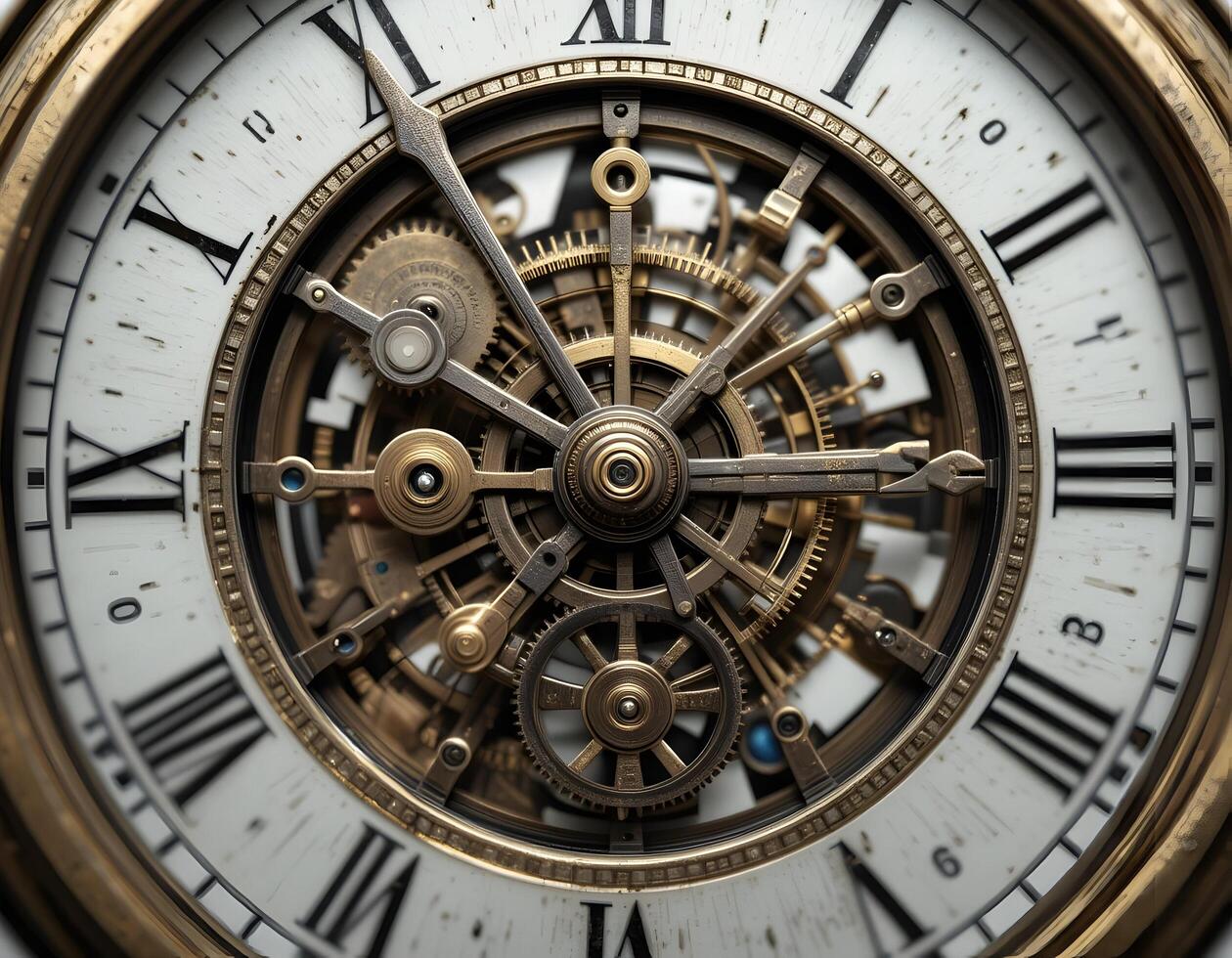 Closeup of Vintage Clock Mechanism with Gears and Hands photo
