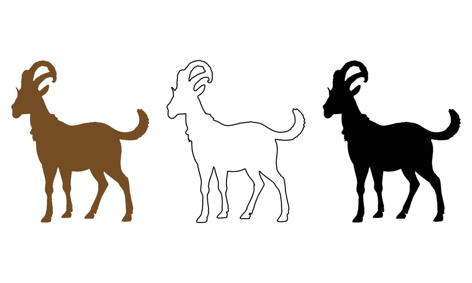 Goat Silhouette Collection in Brown, Black and Black Outline, Ibex Silhouette Collection on White. vector
