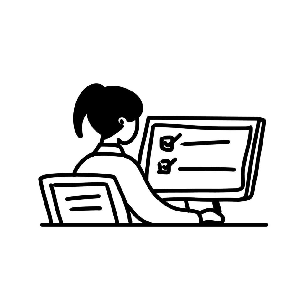 A woman is sitting at a desk with a computer vector