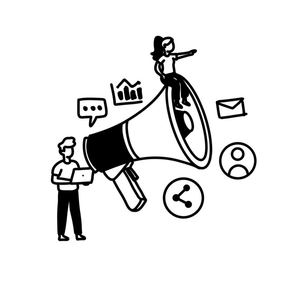A black and white illustration of a man and woman holding a megaphone vector