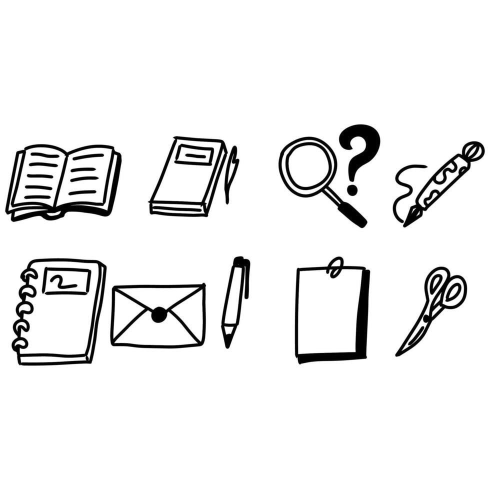 A set of doodles of various items including a book, pen, and paper vector