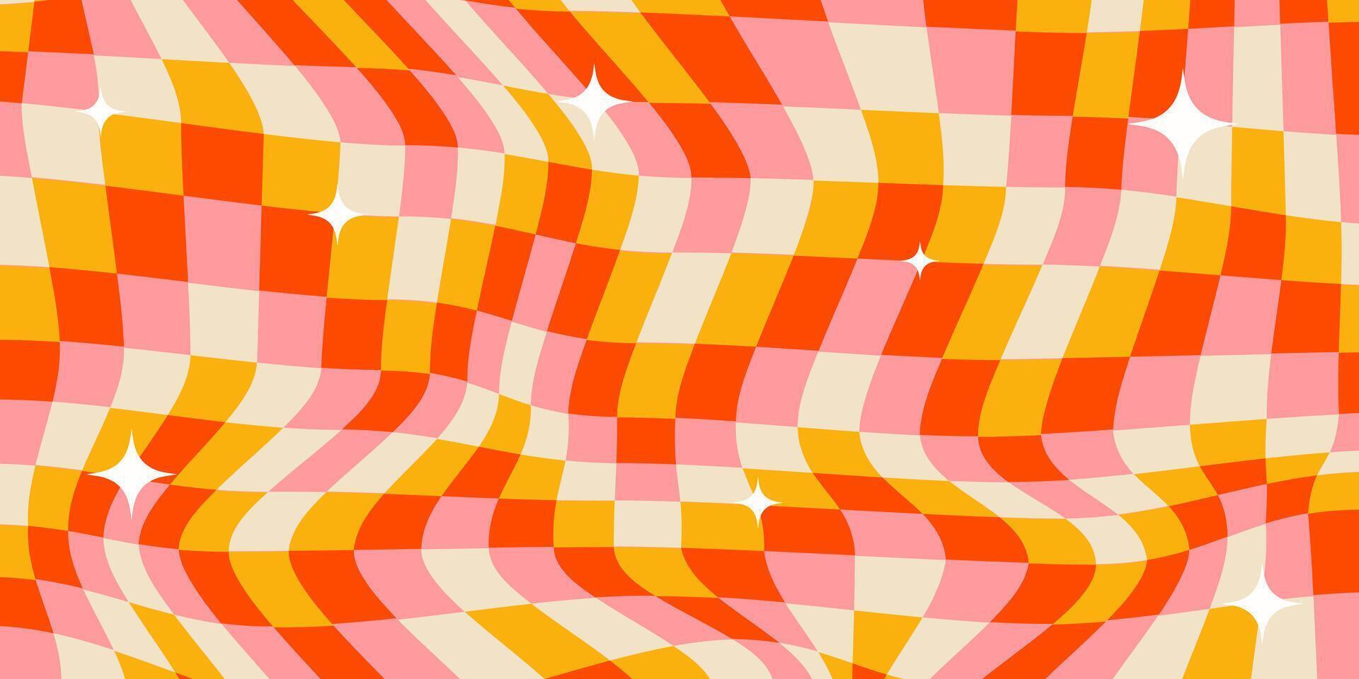 Trippy groovy checker background. Retro wavy abstract checkerboard backdrop. Curved distorted check geometric pattern. Pink, red, yellow and beige colors vector