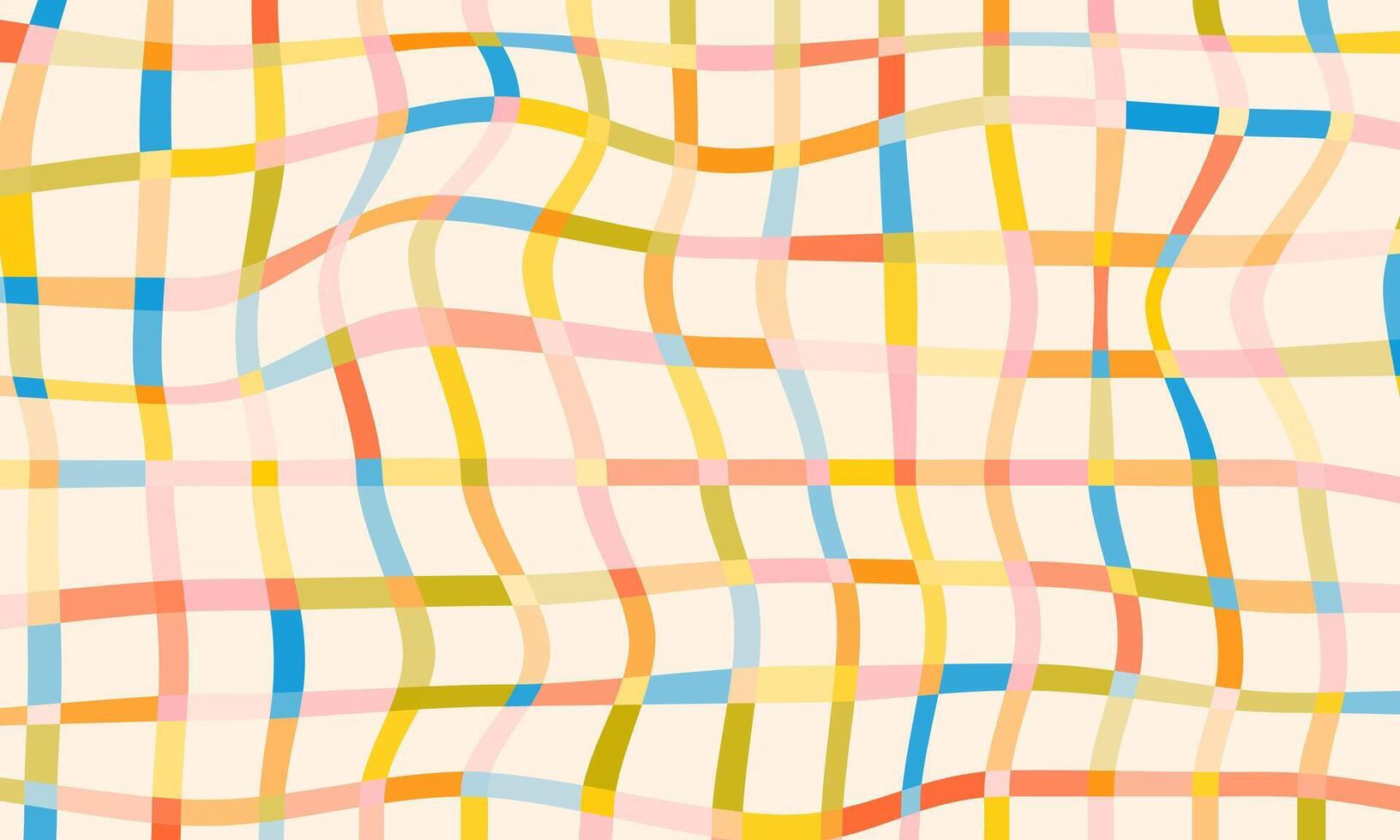 Fun colorful crossed lines grid background. Abstract geometric backdrop in childish doodle style. Retro rainbow plaid design. Festive playful multi colored striped banner template vector