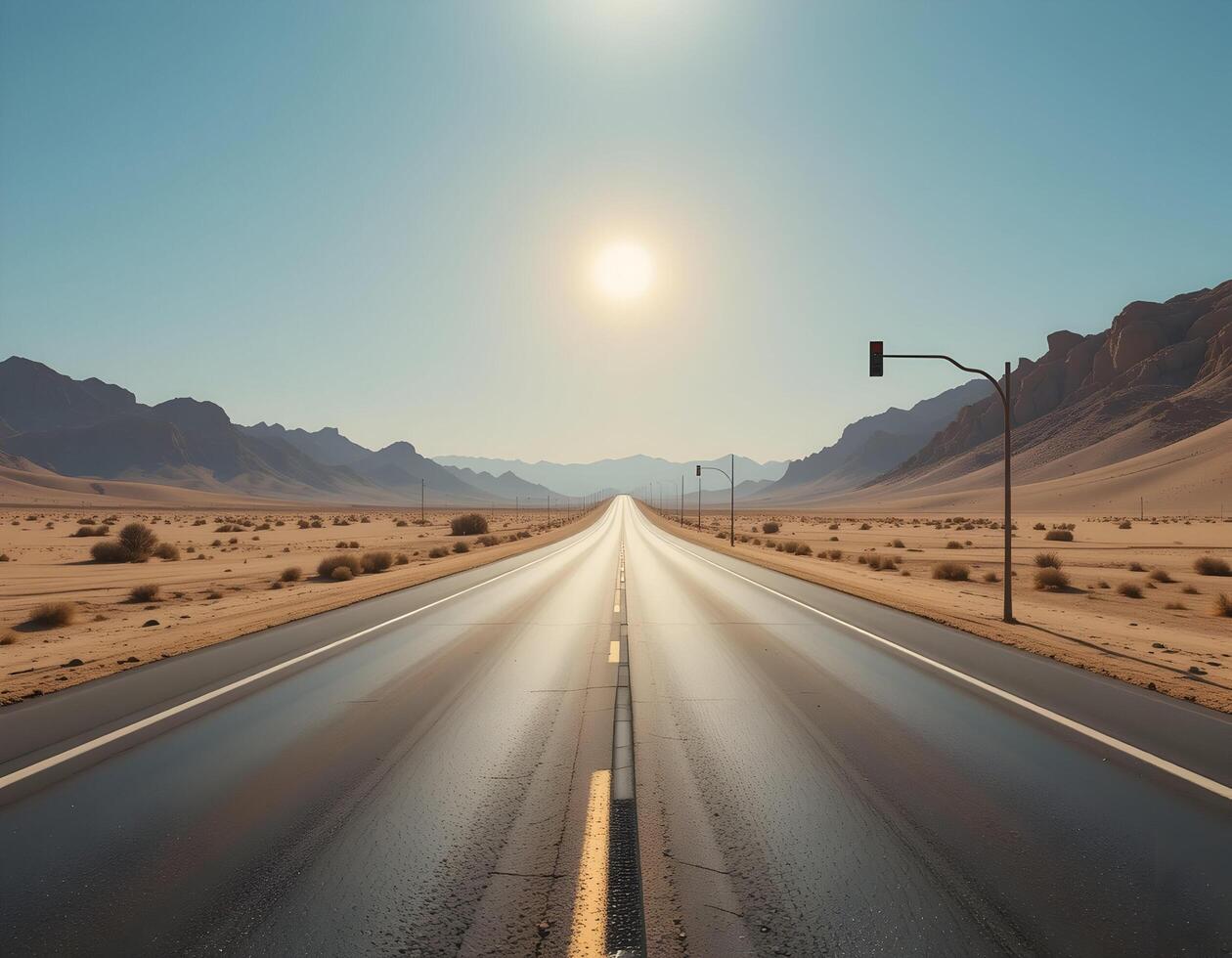 Driving on Open Road Through Desert Landscape at Daytime photo