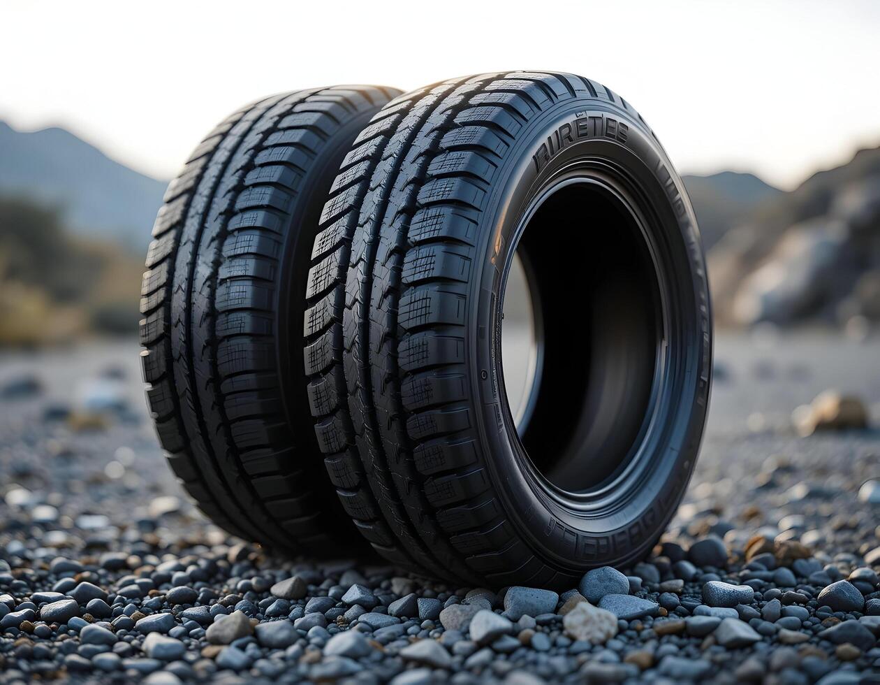 Two New Car Tires on Rocky Ground with Mountain Backdrop photo