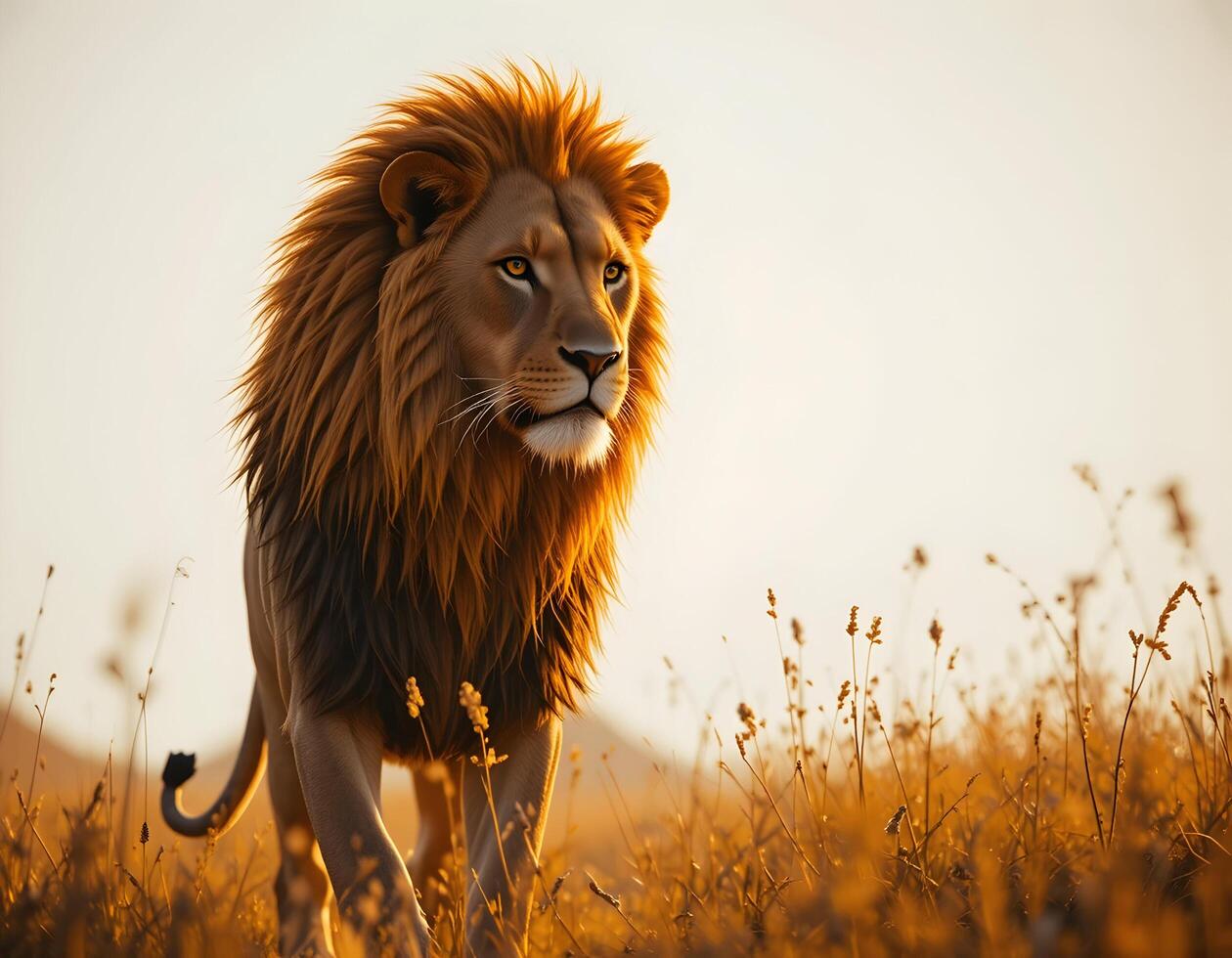 Lion Walking Through Golden Grass at Sunset Looking Majestic photo