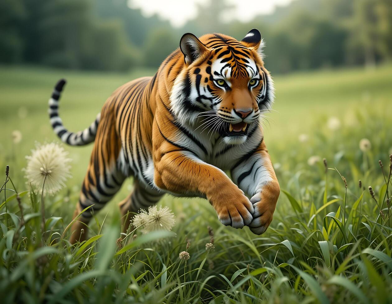 Tiger Pouncing Through a Grassy Field Hunting for Prey photo