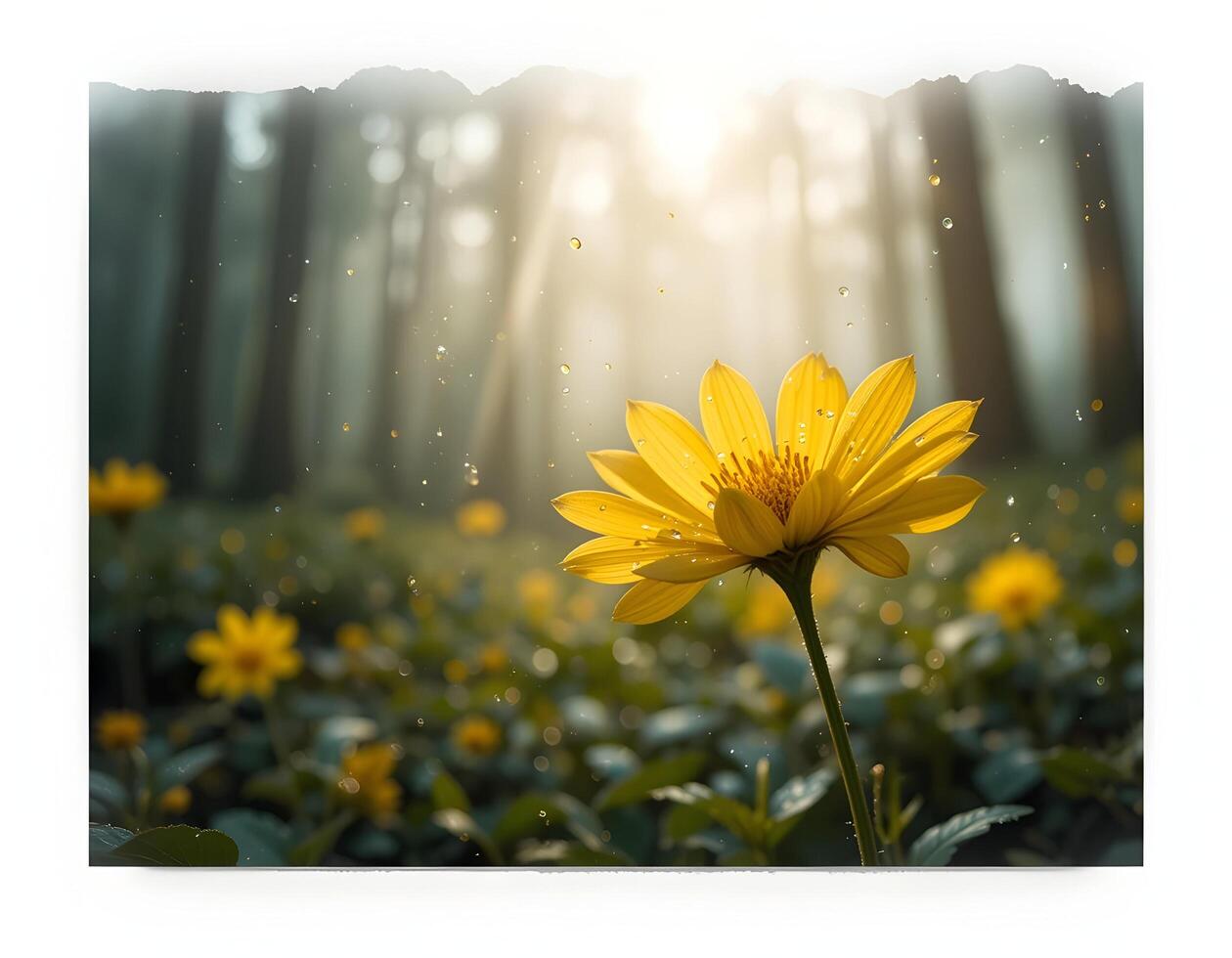 Yellow Flower Blooming in Forest with Sunlight Filtering Through Trees photo