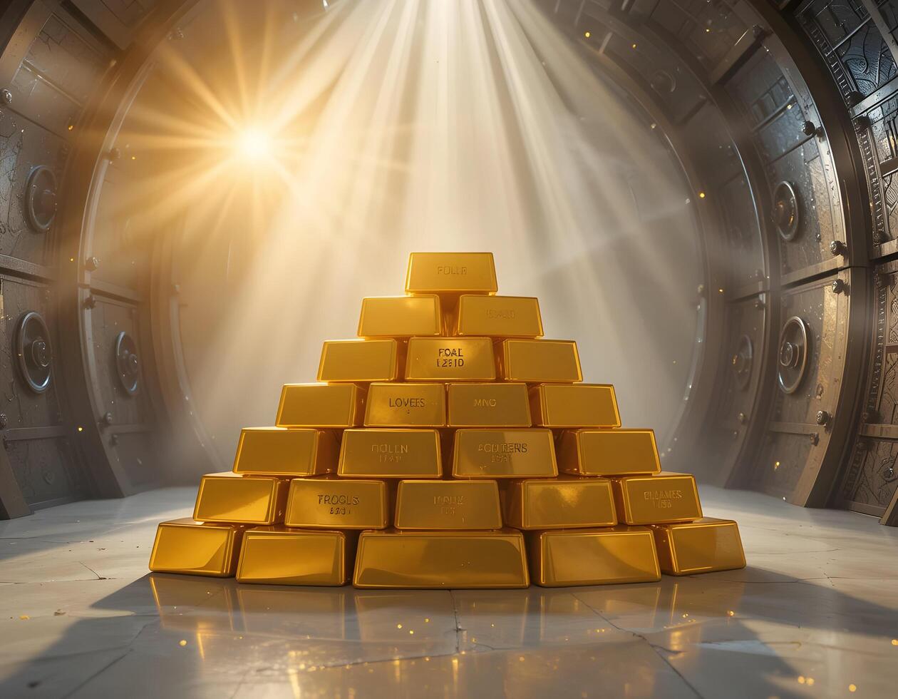 Golden Bars Stacked in a Vault Lit by Sunlight with a Pyramidal Shape photo