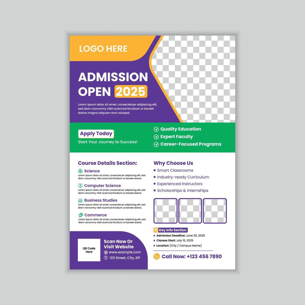 Modern school education admission colorful flyer design template for marketing, admission poster, Flyer brochure cover template for Kids back to school education admission layout design. vector