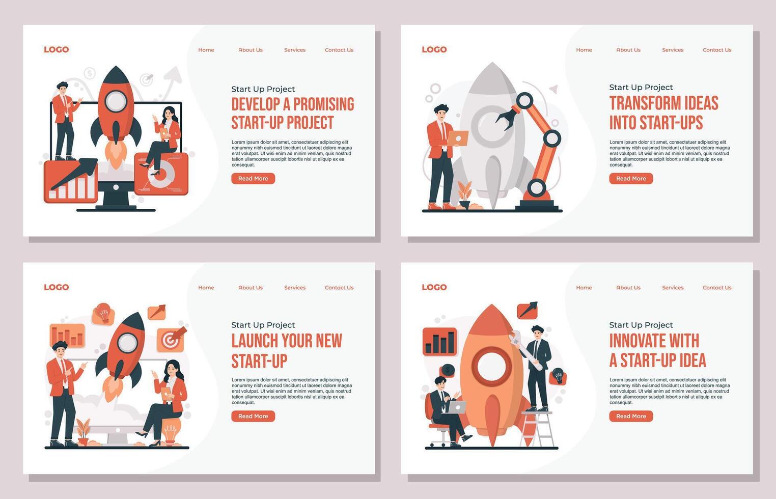 Startup business Cartoon flat tiny businessman and businesswoman characters standing near computer monitor with rocket on white background landing page vector