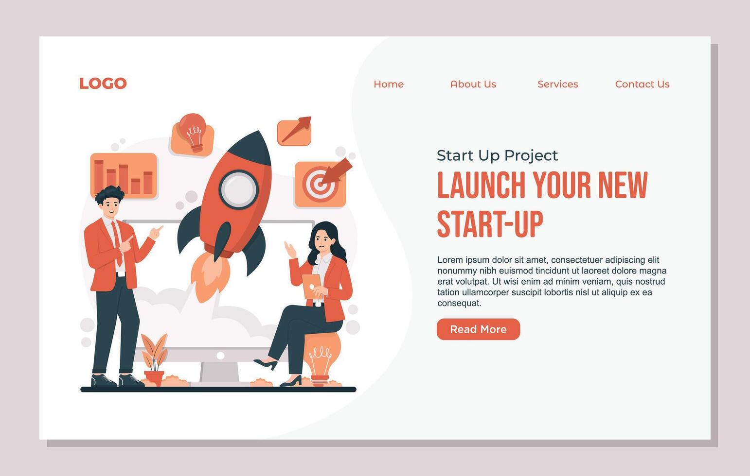 Businessman with lamp and rocket. illustration in flat style. vector