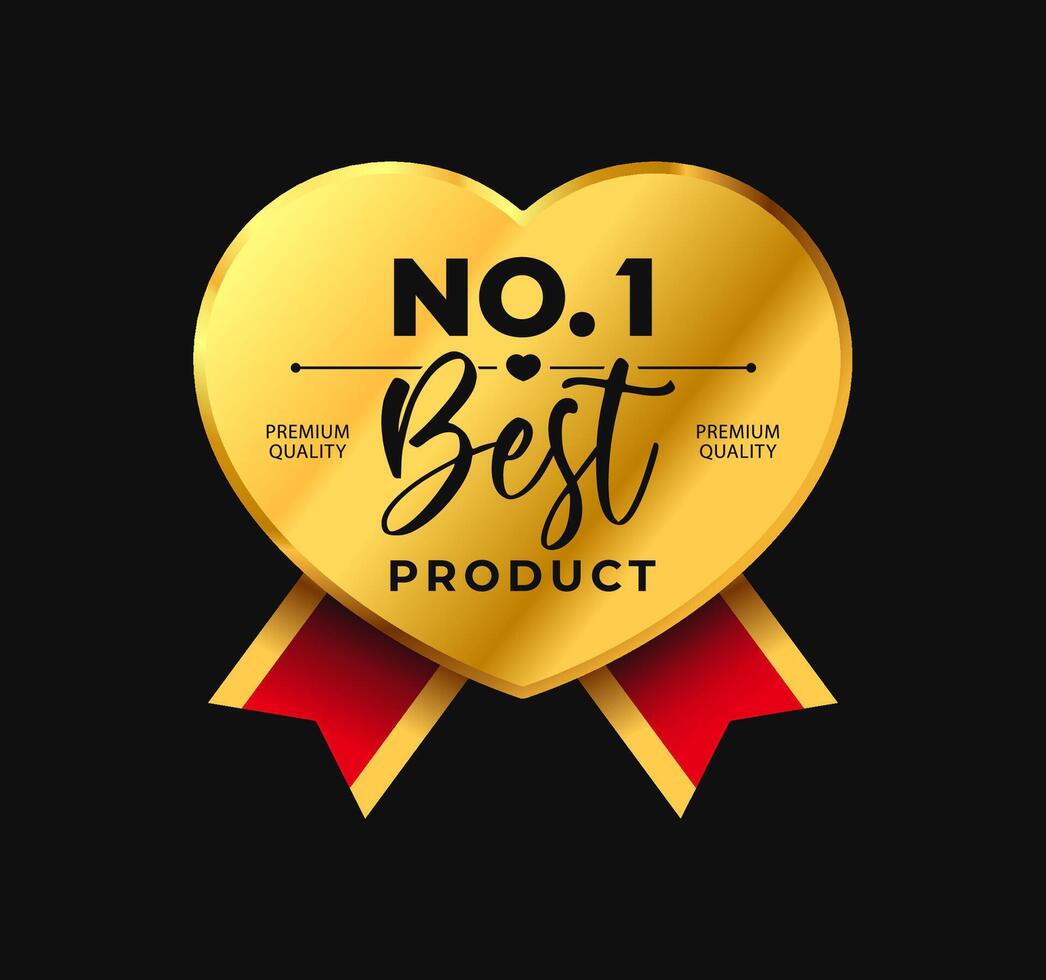 Number 1 best product badge with gold heart shape with red ribbon. Premium, luxury and elegant stickers. Illustration vector