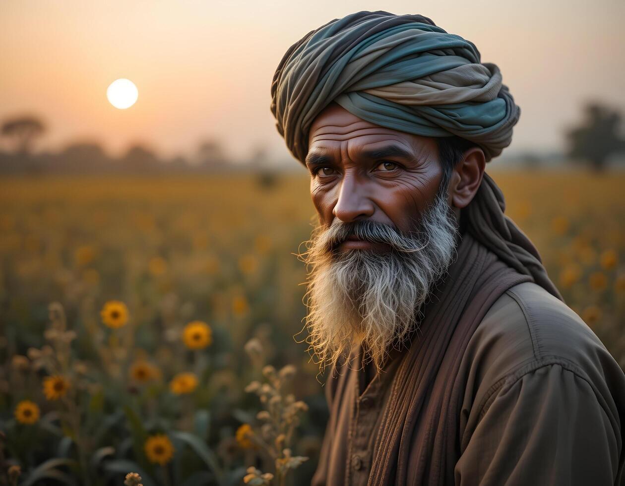 Man with Turban Standing in Flower Field at Sunrise photo