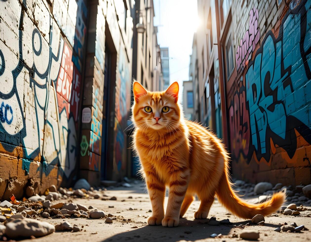 Ginger Cat Standing in Alleyway with Graffiti Art photo
