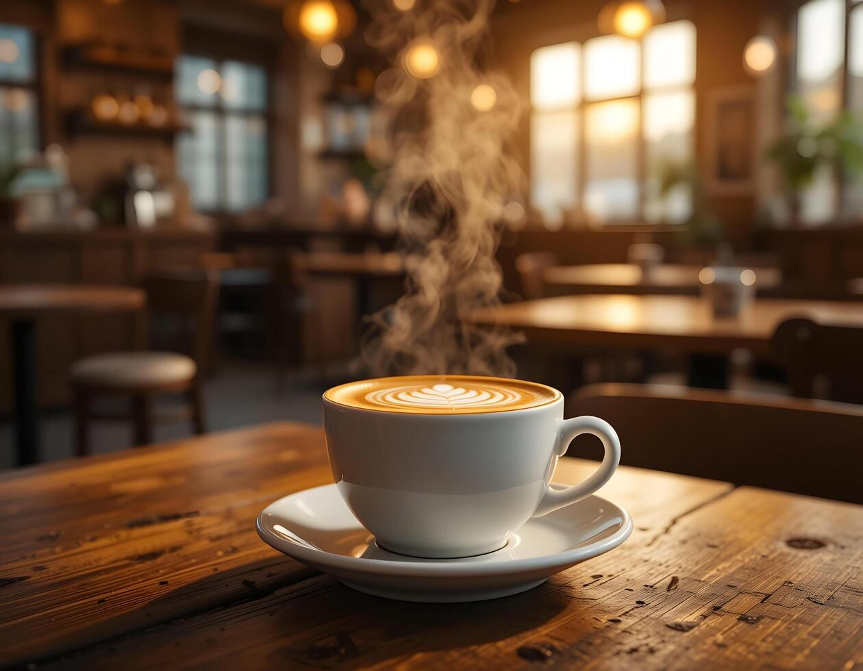 Enjoying Hot Coffee Latte with Art on Wooden Table in Cafe photo