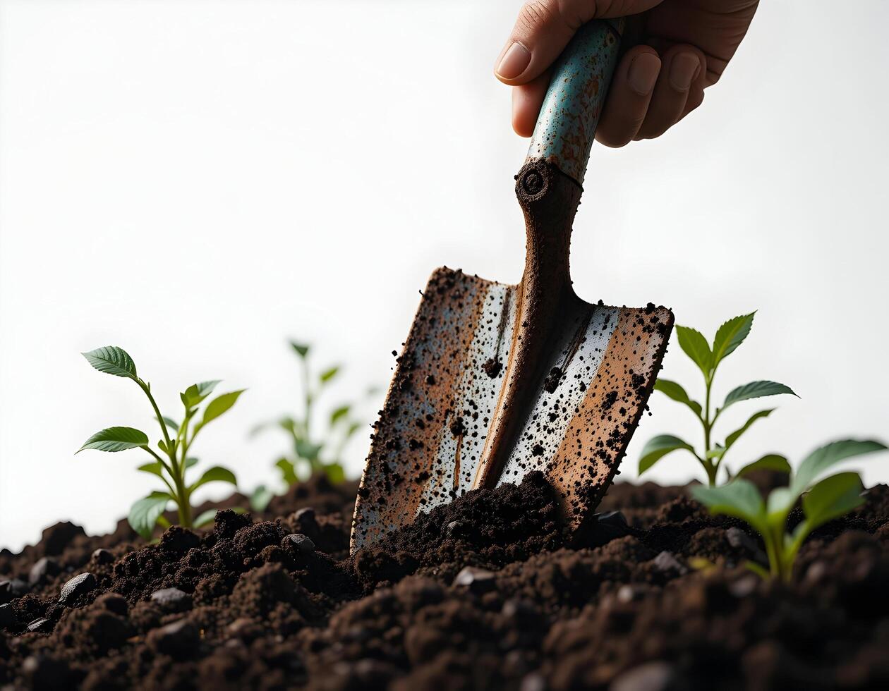 Digging Soil with Shovel for Seedling Planting in Garden photo