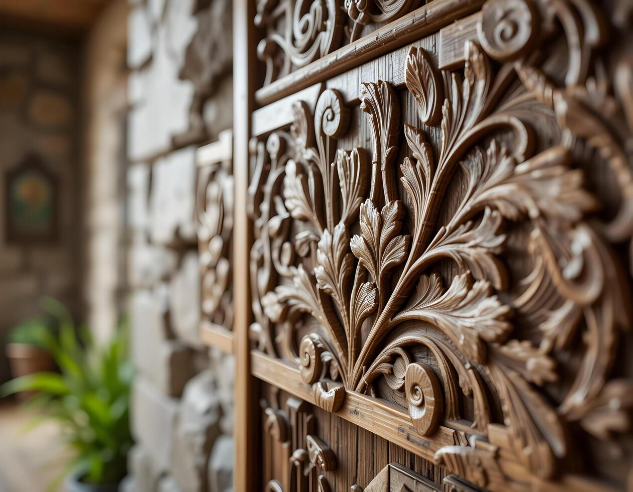 Detailed Wood Carving with Floral Design Near Stone Wall photo