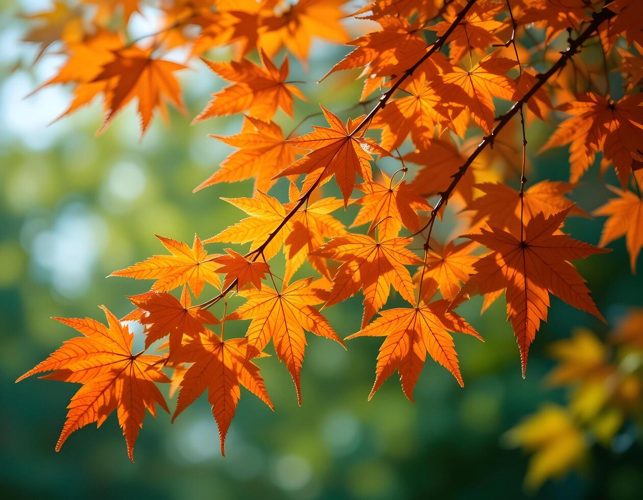 Orange Maple Leaves on Branch with Bokeh Background photo