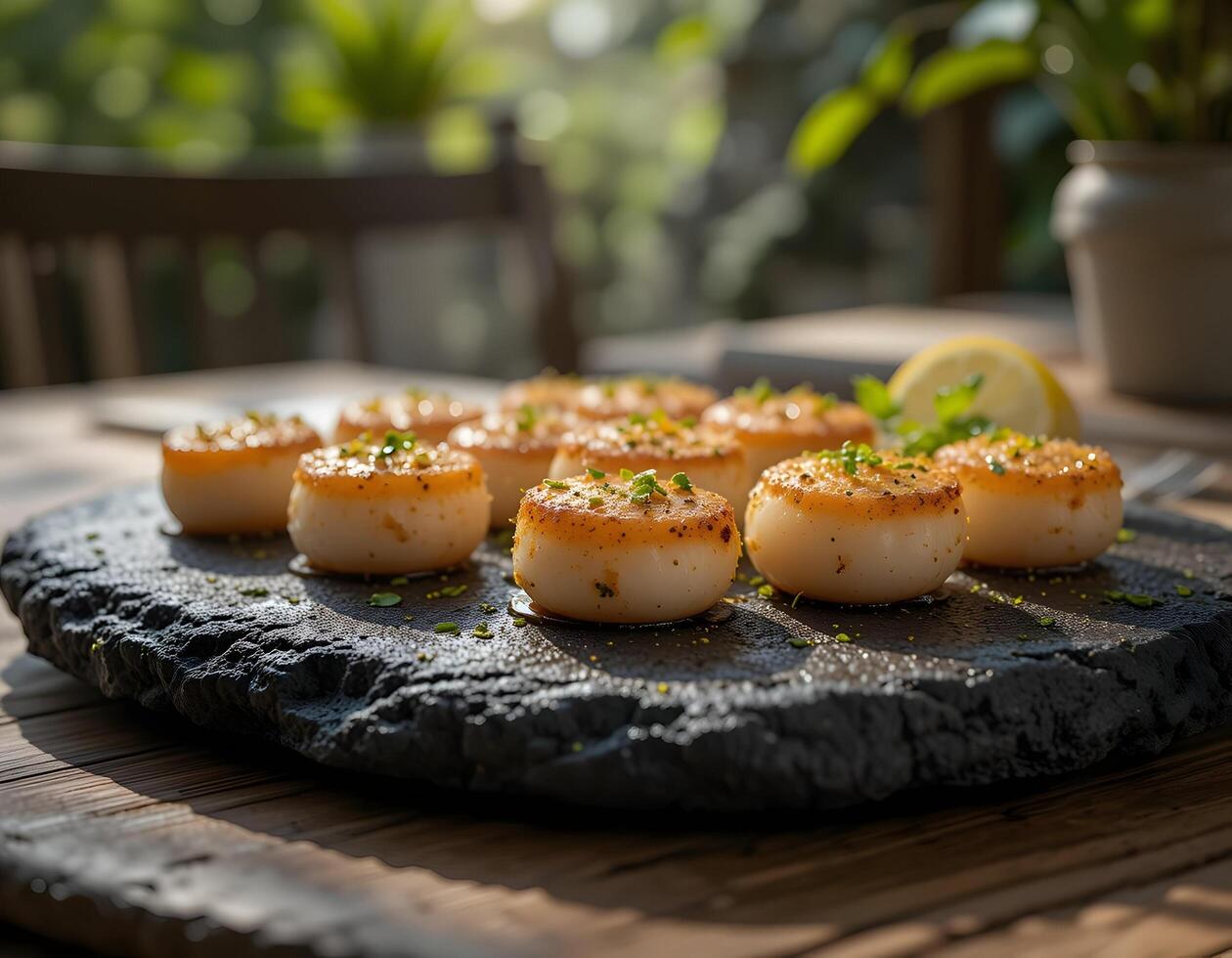 Cooking Scallops on Rustic Stone Board with Lemon Outdoors photo