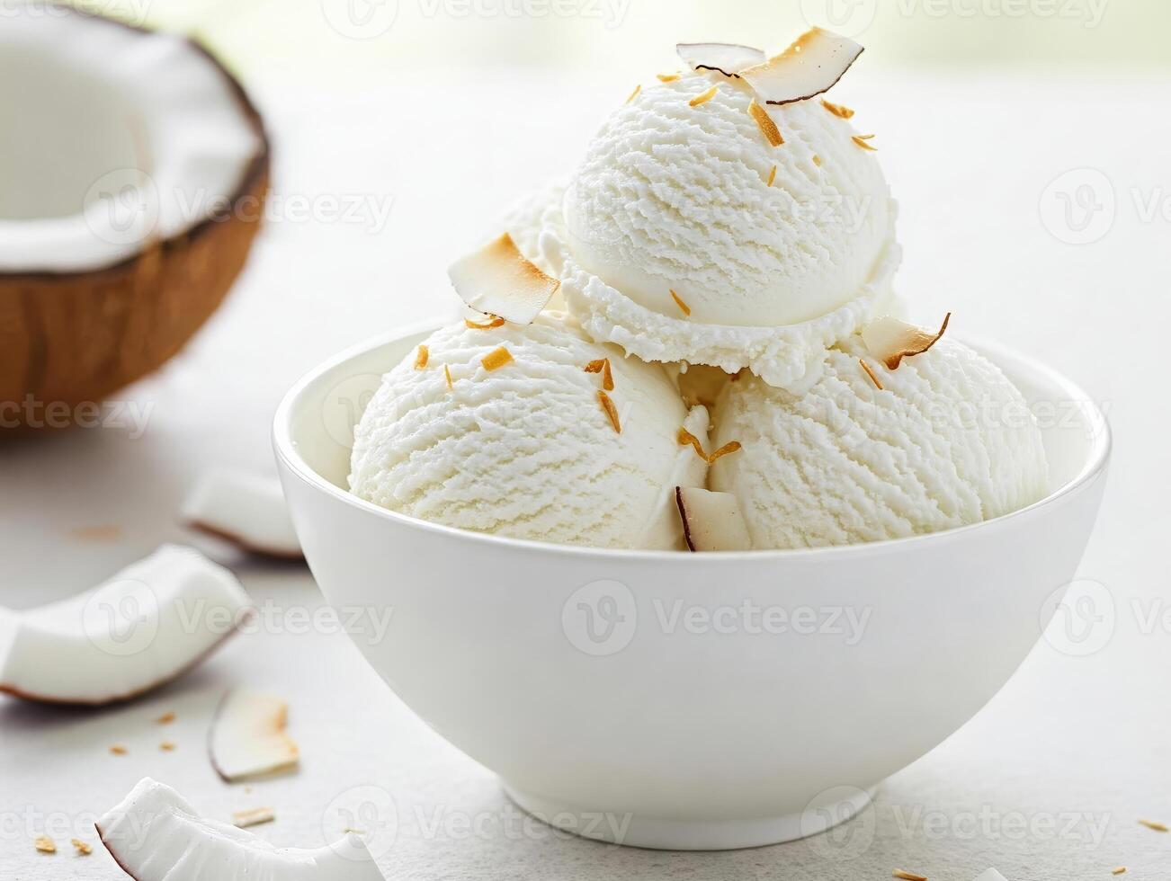 Close-up of a white bowl filled with three scoops of coconut creamy ice cream, garnished with a fresh coconut fruit slice. photo