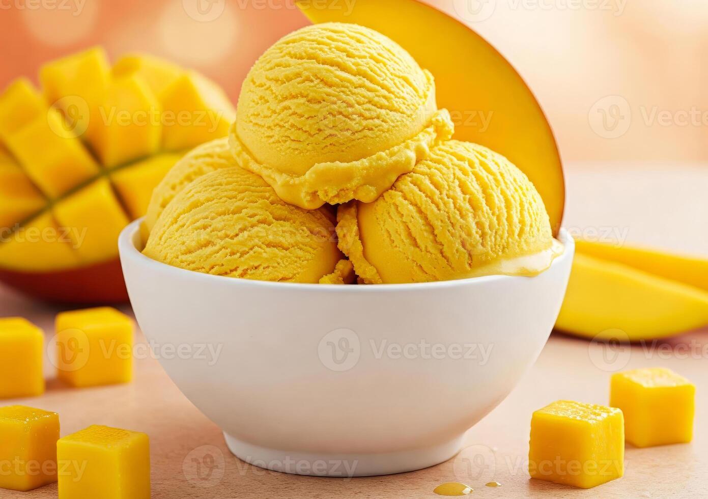 Close-up of a white bowl filled with three scoops of mango creamy ice cream, garnished with a fresh mango fruit slice. photo