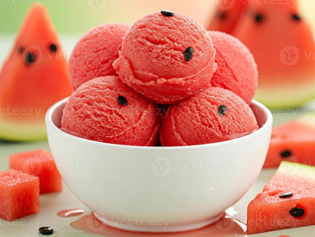 Close-up of a white bowl filled with three scoops of watermelon creamy ice cream, garnished with a fresh watermelon fruit slices photo