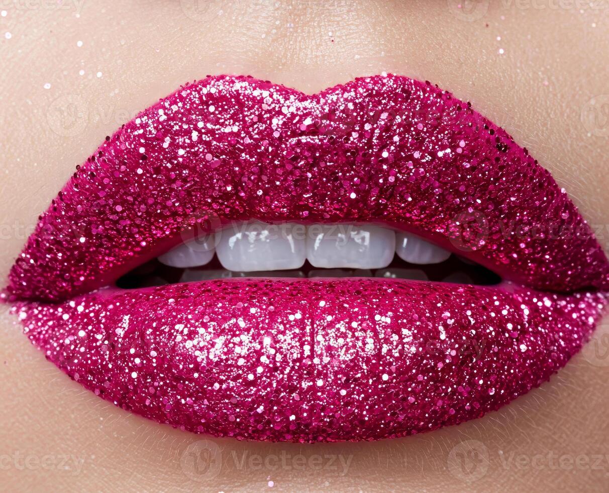 Close-up of glamorous lips covered in vibrant pink glitter lipstick, with a glossy sparkle effect that highlights the texture and shine photo