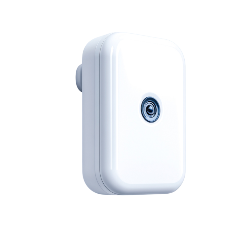 Modern White Security Camera Mounted Wall in Minimalistic Interior Setting png