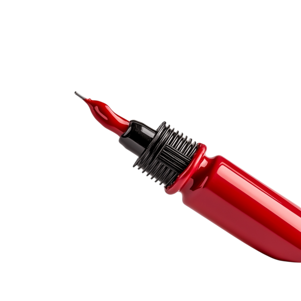 closeup of a Bright Red Fountain Pen Nib with Ink in the Shiny Barrel Design png