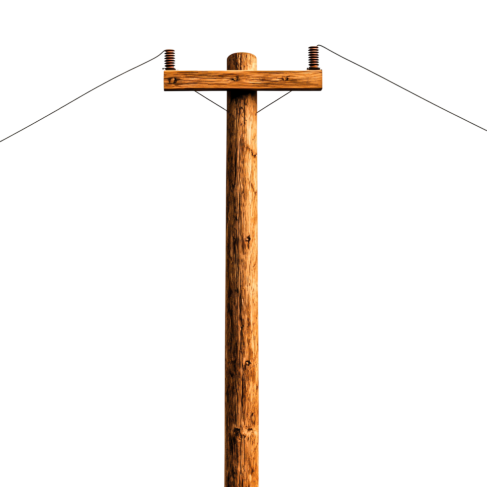 Wooden Utility Pole Standing Tall Against Clear Blue Sky with Electrical Wires png