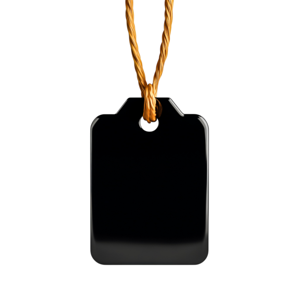 Glossy Black Blank Tag Hanging with Orange Twine for Labeling and Branding Purposes png