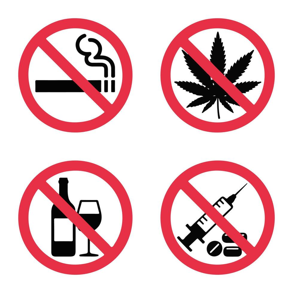 No Smoking, Drugs, Alcohol, Marijuana Signs. vector