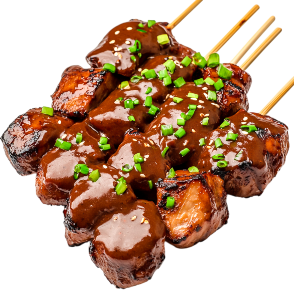 Delicious Grilled Chicken Skewers Drizzled with Rich Teriyaki Sauce and Garnished png