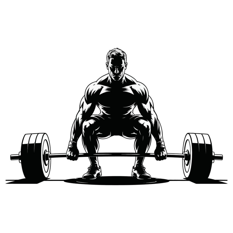 A silhouette of a man squatting with a barbell. vector