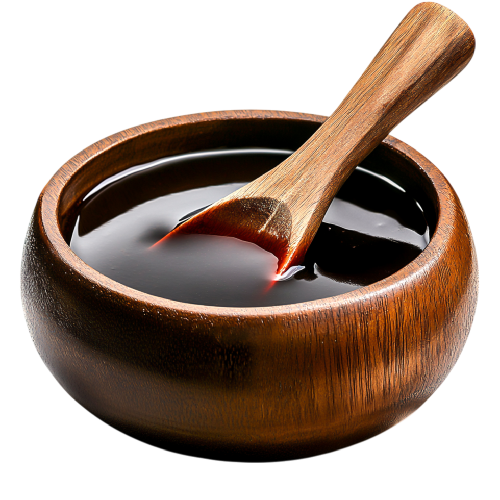 Wooden Bowl Filled with Dark Liquid and Stirring Spoon on png