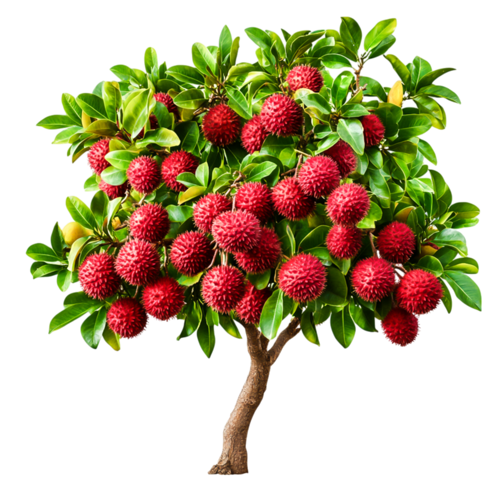 Abundant Tropical Lychee Tree with Vibrant Red Fruits Surrounded by Lush Green Leaves png