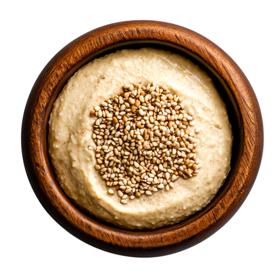Creamy Tahini Dip with Sesame Seeds in a Wooden Bowl png